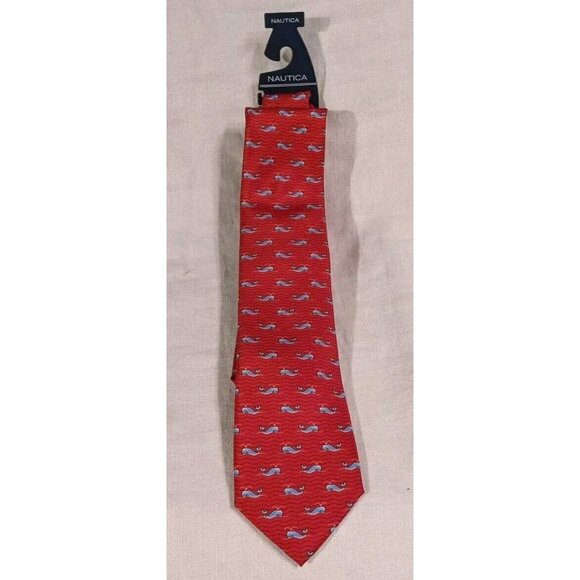 Nautica Whale Tie Red Preppy Pattern Graphic Nerd Nautical Necktie Fun 58" x 3" - Picture 4 of 14